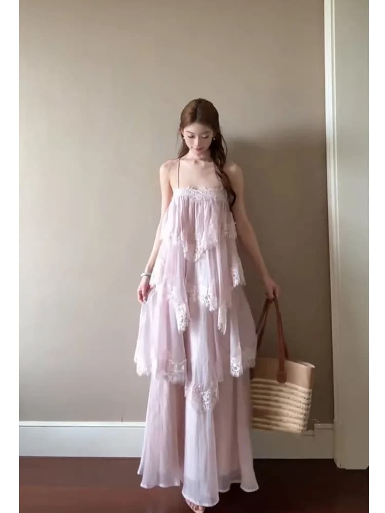 해변가 휴가 부드러운 바람 핑크색 불규칙 레이스 슬립 케이크 드레스 2026 여름 고유 한 아름다운 루즈핏 롱 스커트 상세 이미지 3