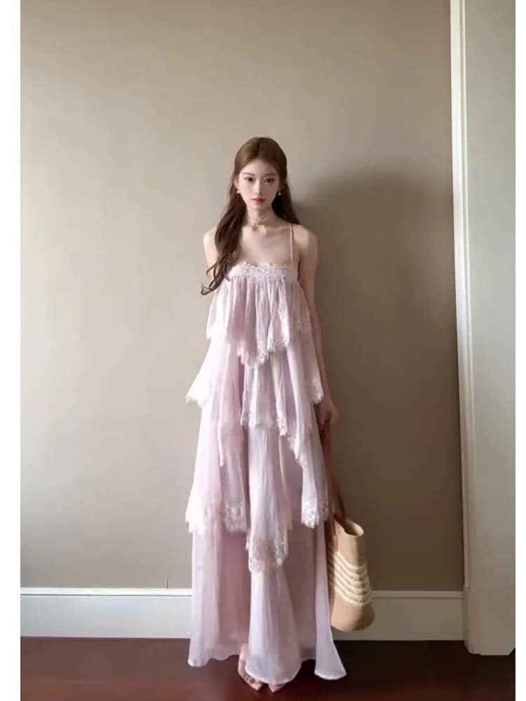 해변가 휴가 부드러운 바람 핑크색 불규칙 레이스 슬립 케이크 드레스 2026 여름 고유 한 아름다운 루즈핏 롱 스커트 상세 이미지 4