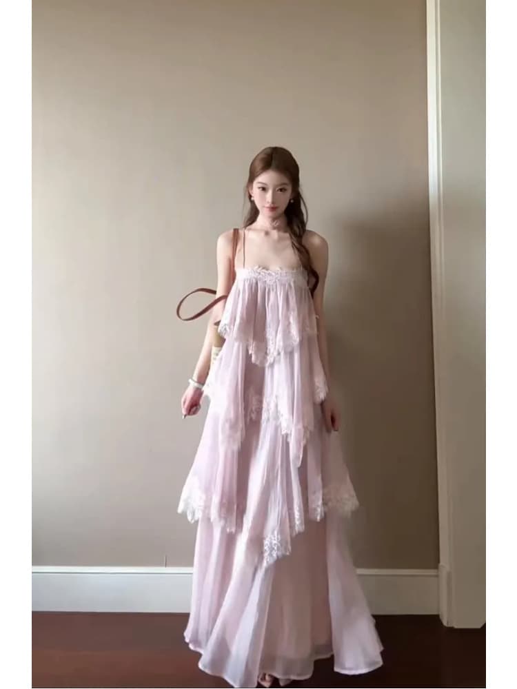 해변가 휴가 부드러운 바람 핑크색 불규칙 레이스 슬립 케이크 드레스 2026 여름 고유 한 아름다운 루즈핏 롱 스커트 상세 이미지 5