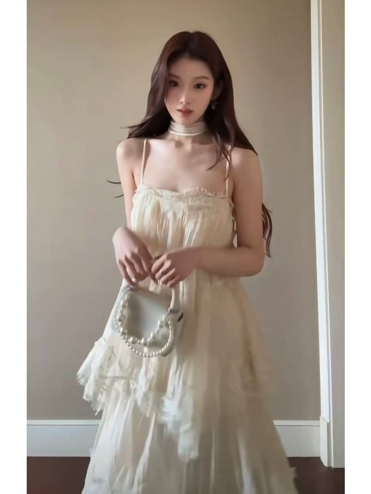 해변가 휴가 부드러운 바람 핑크색 불규칙 레이스 슬립 케이크 드레스 2026 여름 고유 한 아름다운 루즈핏 롱 스커트 상세 이미지 6