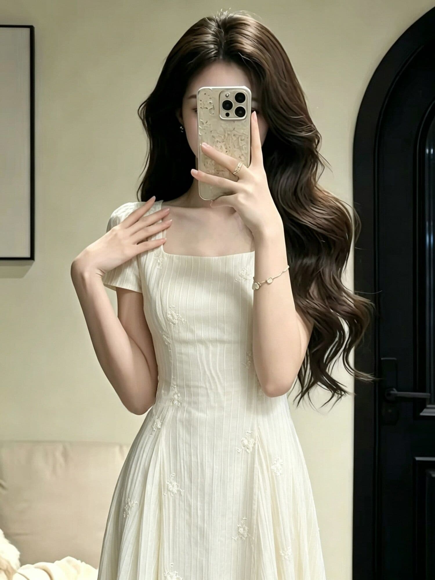 주간 실크 자수 원단 네리 부드러운 빛 우유 살구 질감 광장 칼라 3 차원 작은 꽃 뒤로 레이스업 순수한 욕망 요정 치마 상세 이미지 5