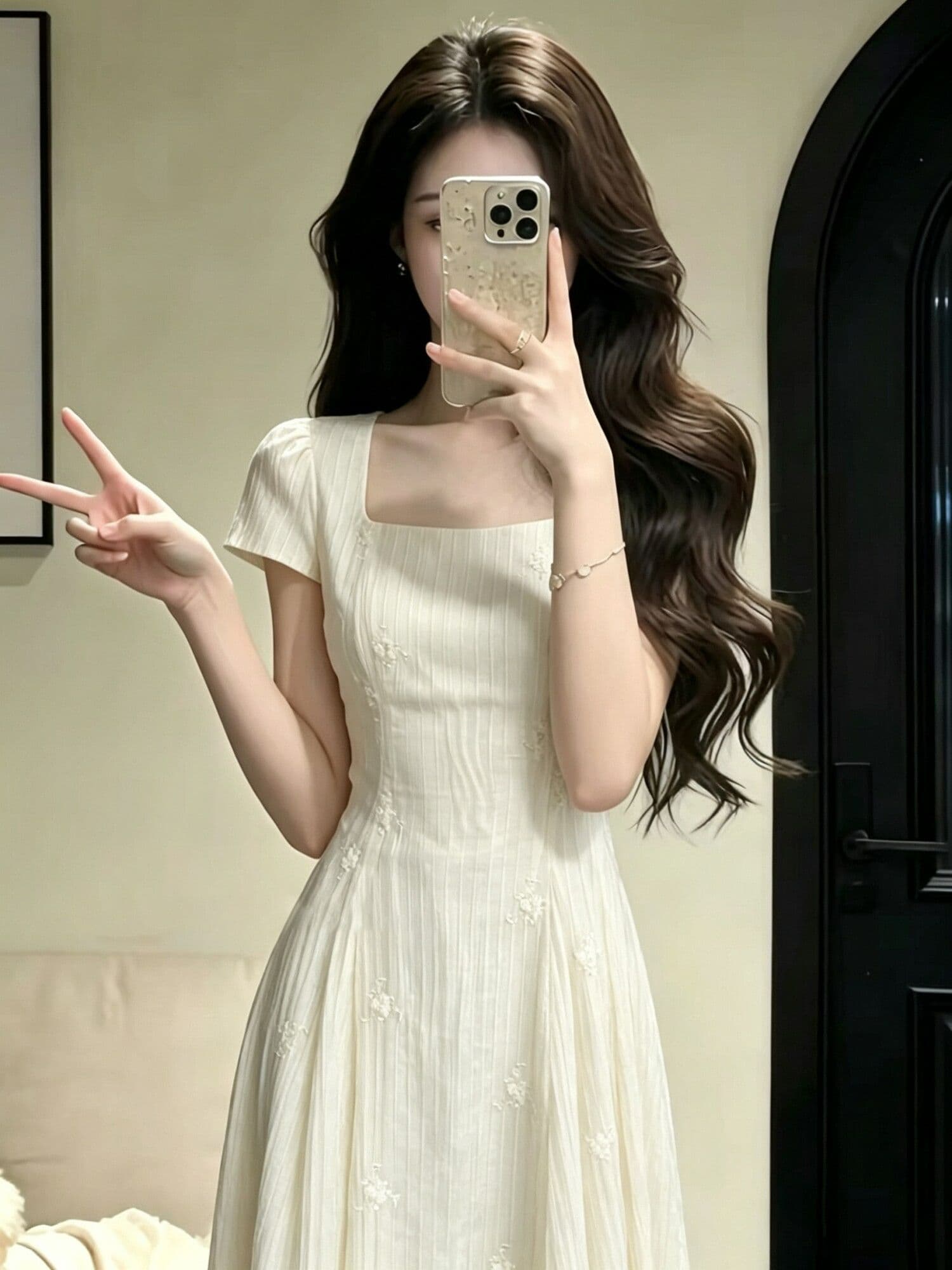 주간 실크 자수 원단 네리 부드러운 빛 우유 살구 질감 광장 칼라 3 차원 작은 꽃 뒤로 레이스업 순수한 욕망 요정 치마 상세 이미지 7
