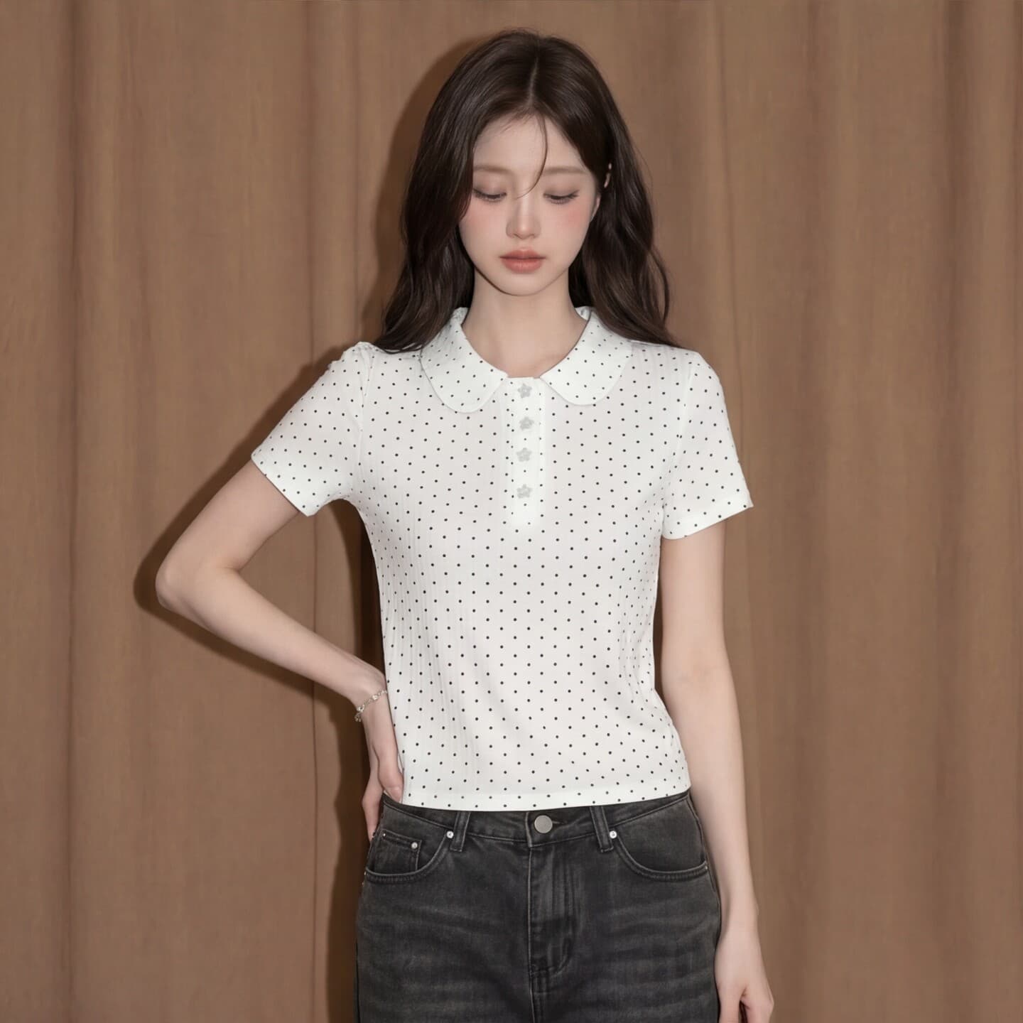 도트 무늬 POLO 칼라 반팔 맨위 여성 여름 프랑스식 고유 한 아름다운 몸매 가꾸기 긍정적 인 어깨 쇼트 스타일 티셔츠 이미지 2