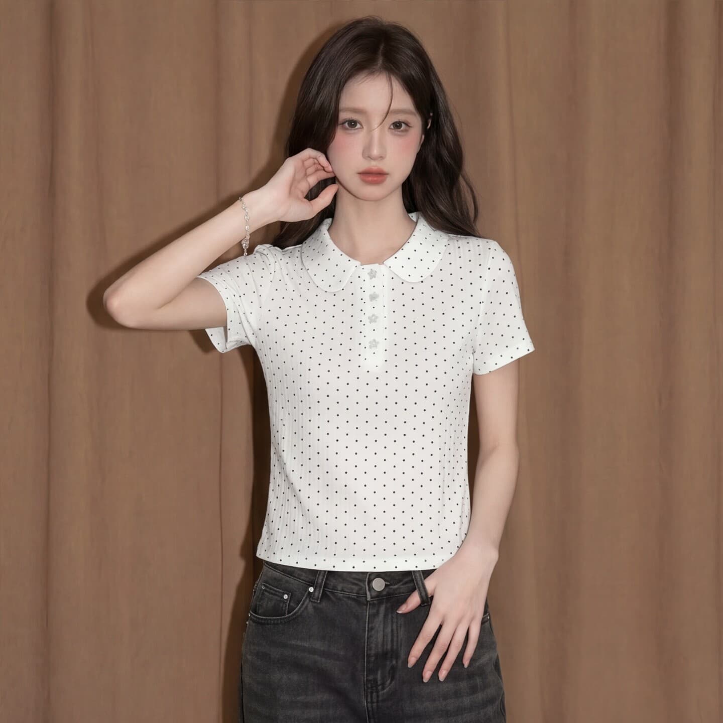 도트 무늬 POLO 칼라 반팔 맨위 여성 여름 프랑스식 고유 한 아름다운 몸매 가꾸기 긍정적 인 어깨 쇼트 스타일 티셔츠