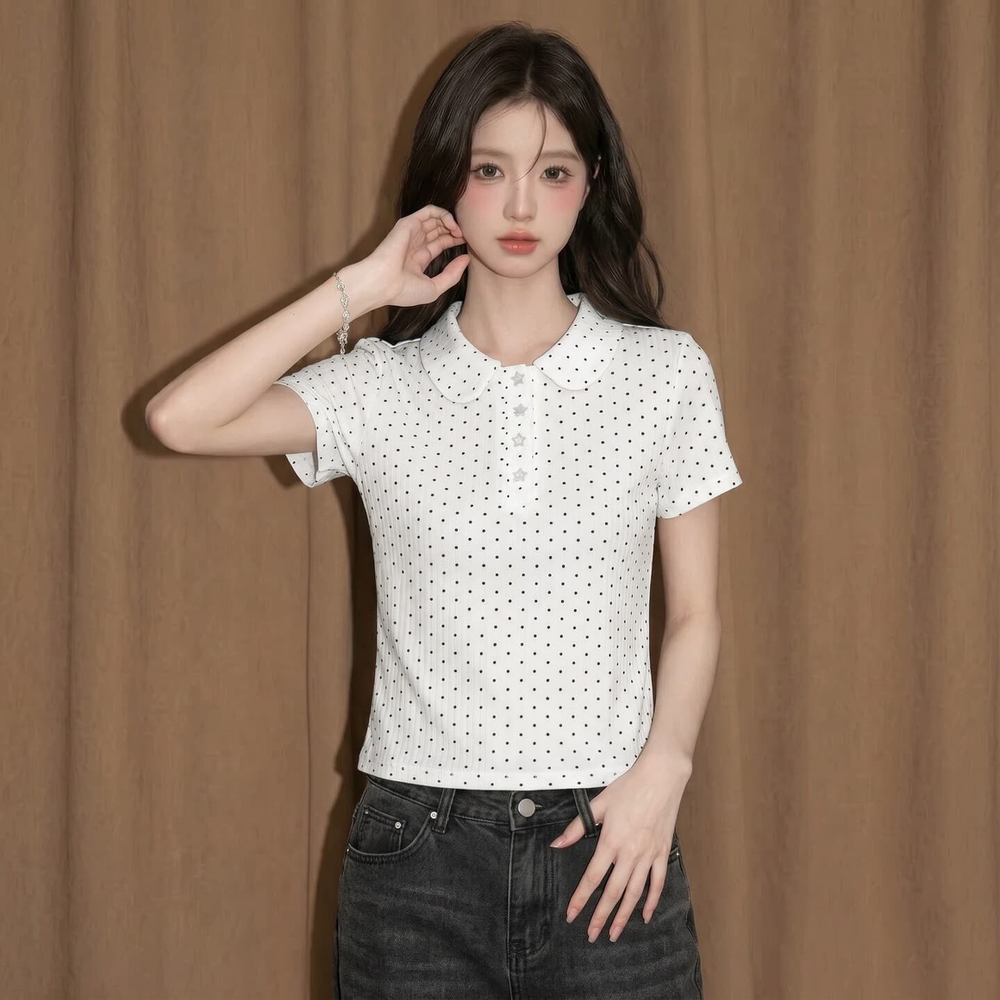 도트 무늬 POLO 칼라 반팔 맨위 여성 여름 프랑스식 고유 한 아름다운 몸매 가꾸기 긍정적 인 어깨 쇼트 스타일 티셔츠 이미지 5