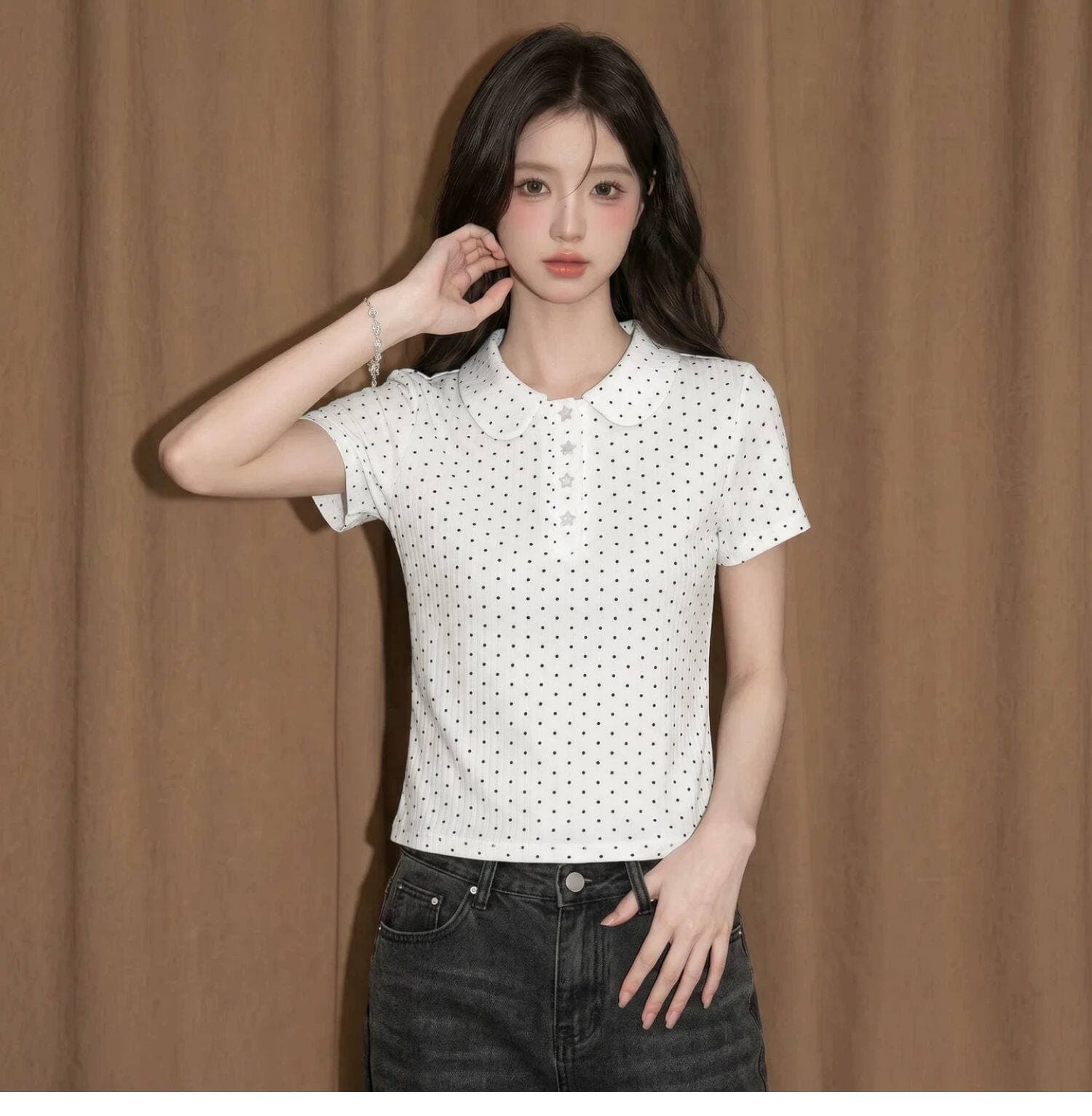 도트 무늬 POLO 칼라 반팔 맨위 여성 여름 프랑스식 고유 한 아름다운 몸매 가꾸기 긍정적 인 어깨 쇼트 스타일 티셔츠 상세 이미지 2
