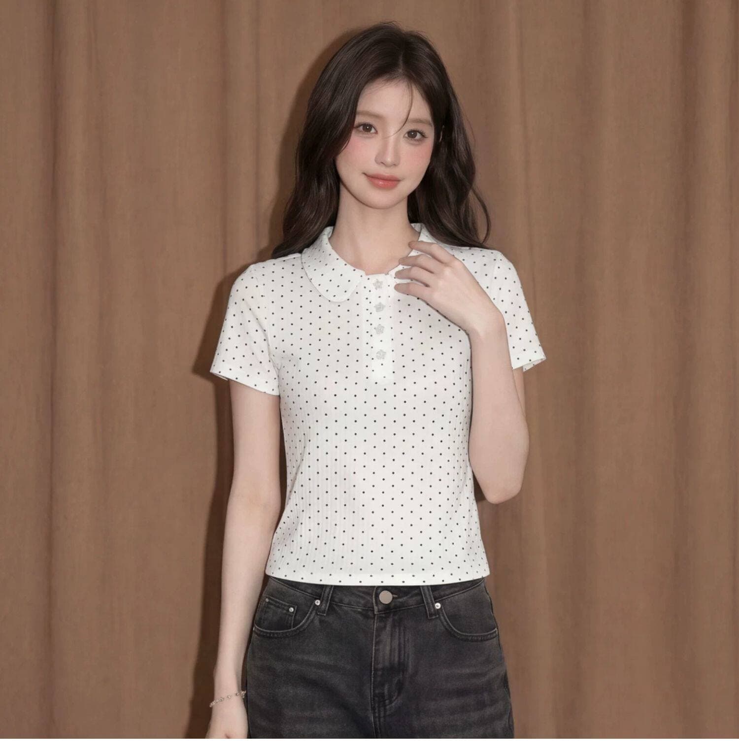 도트 무늬 POLO 칼라 반팔 맨위 여성 여름 프랑스식 고유 한 아름다운 몸매 가꾸기 긍정적 인 어깨 쇼트 스타일 티셔츠 상세 이미지 3