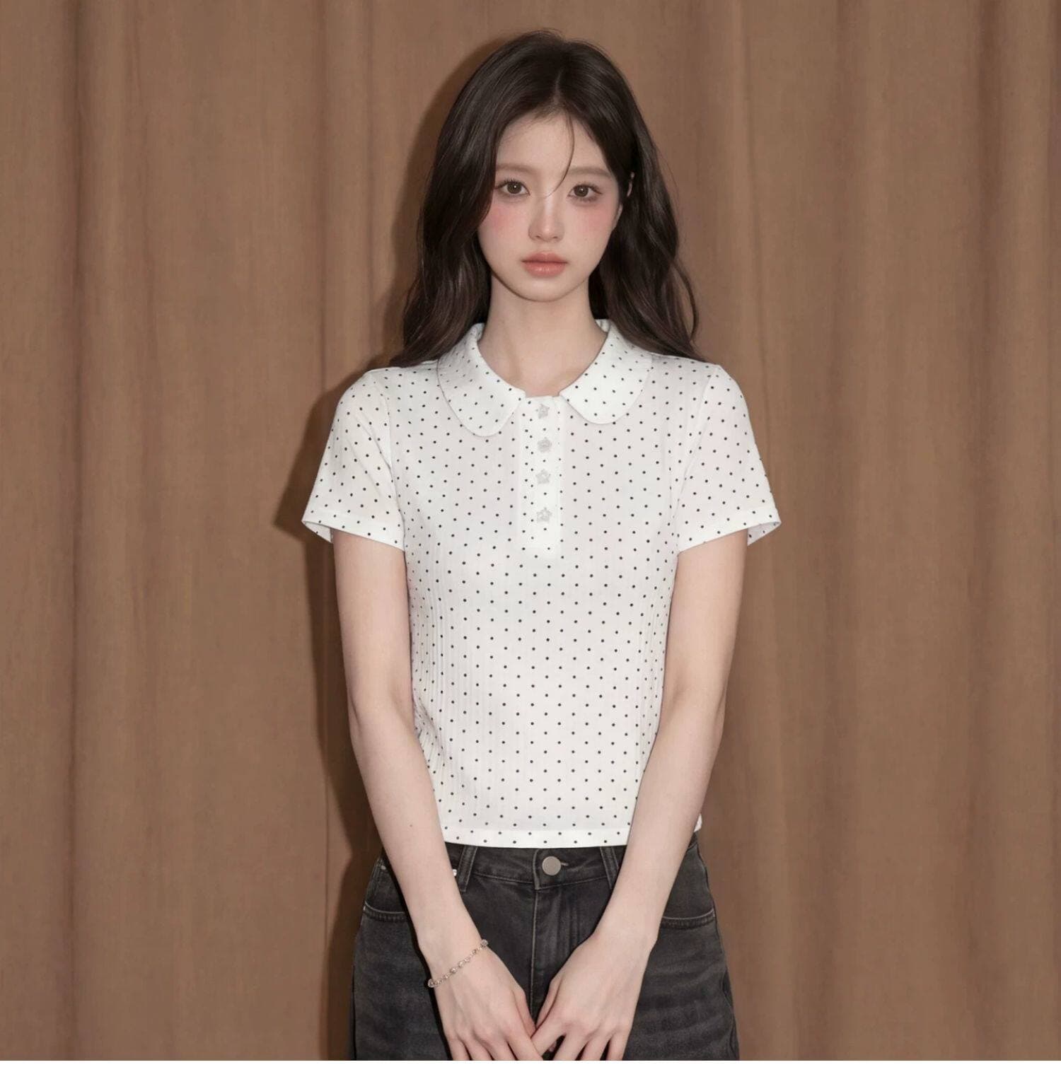 도트 무늬 POLO 칼라 반팔 맨위 여성 여름 프랑스식 고유 한 아름다운 몸매 가꾸기 긍정적 인 어깨 쇼트 스타일 티셔츠 상세 이미지 4
