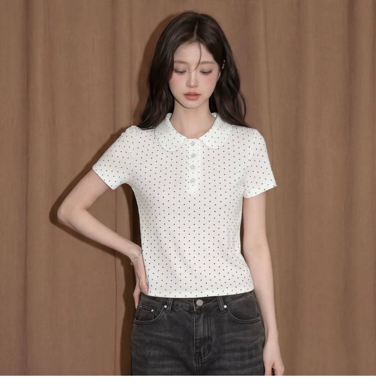도트 무늬 POLO 칼라 반팔 맨위 여성 여름 프랑스식 고유 한 아름다운 몸매 가꾸기 긍정적 인 어깨 쇼트 스타일 티셔츠 상세 이미지 5
