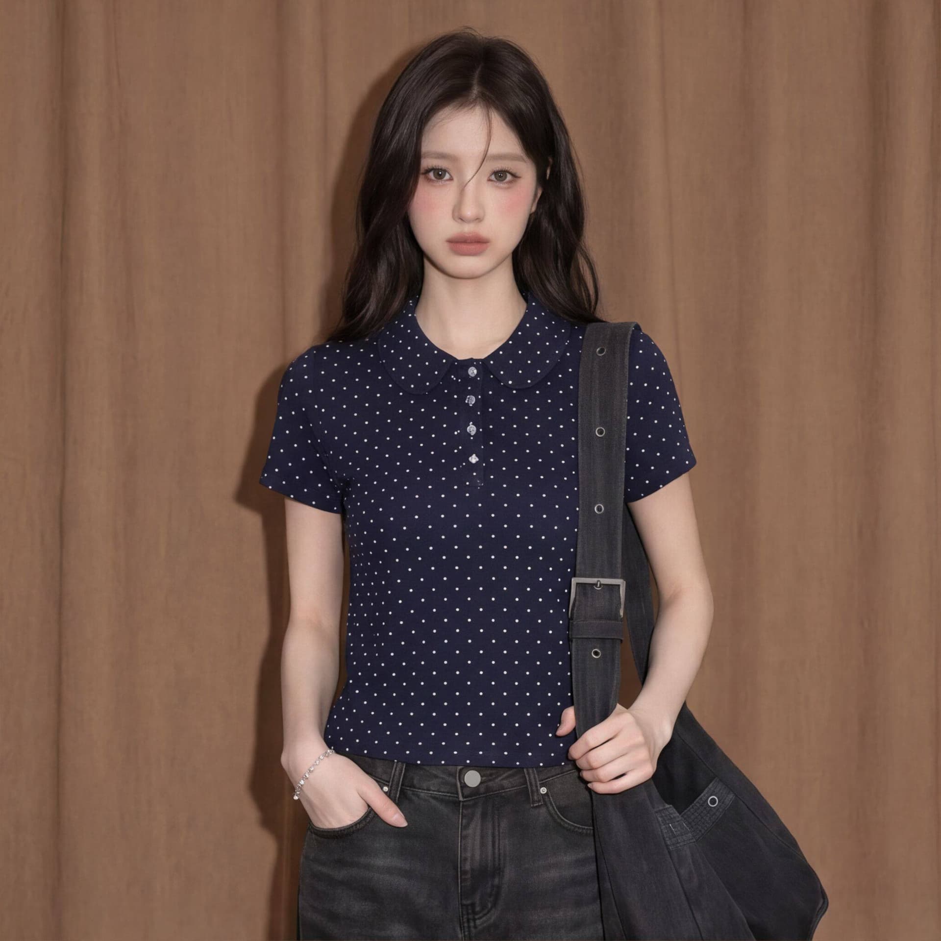 도트 무늬 POLO 칼라 반팔 맨위 여성 여름 프랑스식 고유 한 아름다운 몸매 가꾸기 긍정적 인 어깨 쇼트 스타일 티셔츠 상세 이미지 6