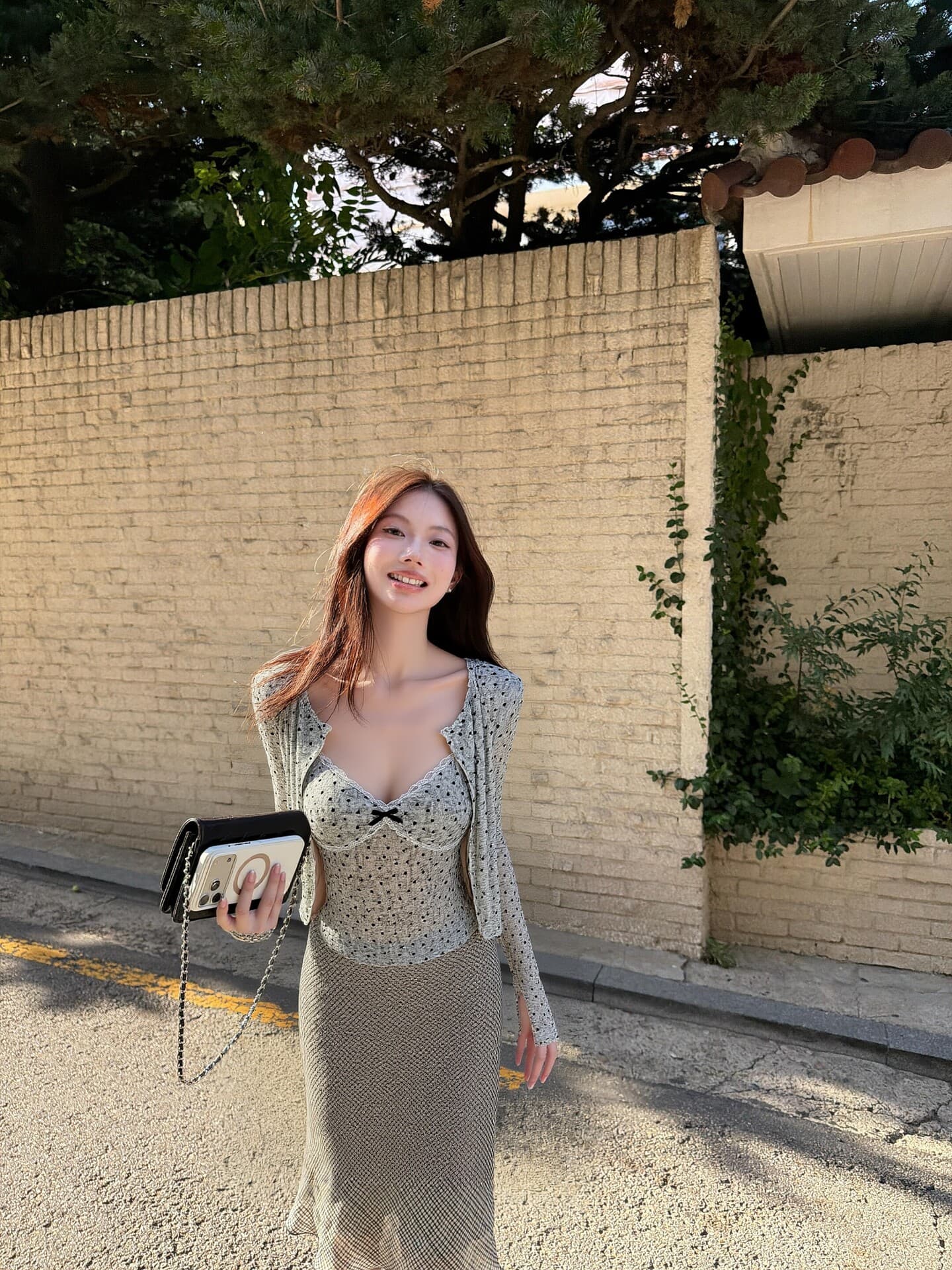 한 은 식물 플러시 도트 무늬 하트 긴팔 오픈 가디건 여성 여름 레이스 조각 캐미솔 슬림해 보이는 투피스 슈트 상세 이미지 5
