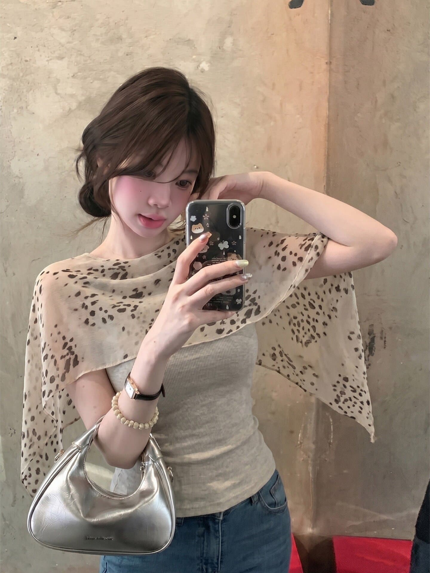 레오파드 무늬 숄 민소매 티셔츠 여성 여름 프랑스식 허리 수축 몸매 가꾸기 슬림해 보이는 디자인 센스 순수한 욕망 페이크 레이어드 쇼트 스타일 맨위 상세 이미지 3