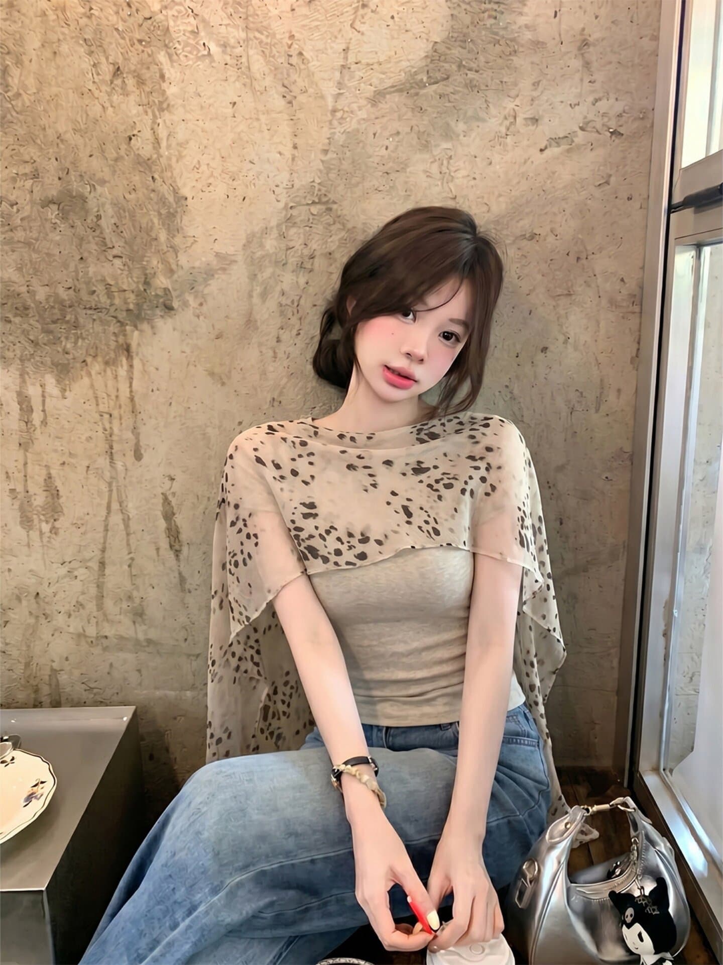 레오파드 무늬 숄 민소매 티셔츠 여성 여름 프랑스식 허리 수축 몸매 가꾸기 슬림해 보이는 디자인 센스 순수한 욕망 페이크 레이어드 쇼트 스타일 맨위 상세 이미지 5