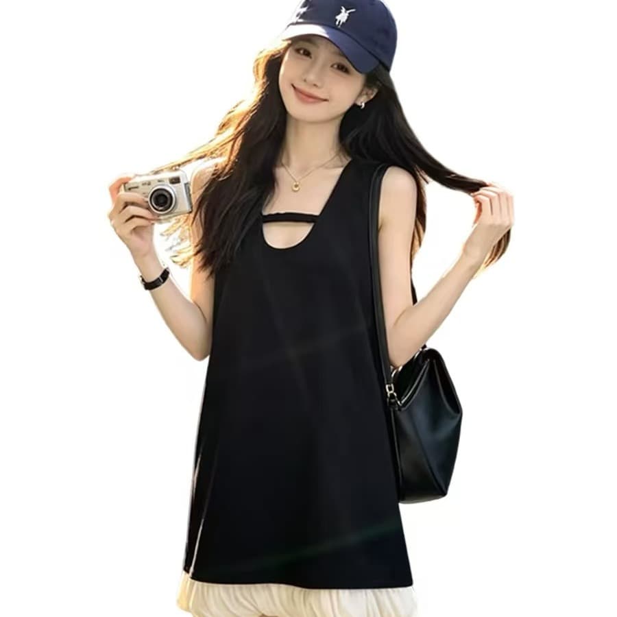 2026 여름 새로운 디자인 센스 작은 검은 드레스 여성 한 부서 민소매 조끼 스커트 적게 연령 한 마디 꽃밭 점프 슈트 치마 이미지 5