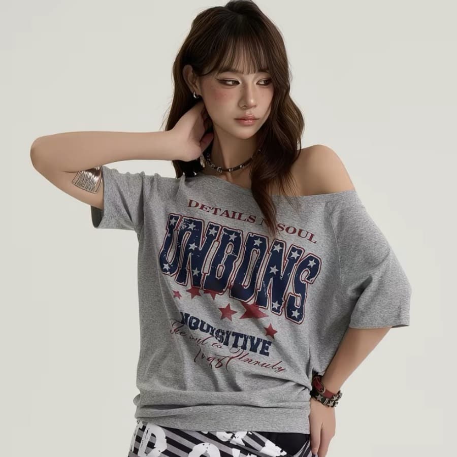 220 그램 92 면 8 암모니아 Lun 아메리칸 핫걸 비스듬한 어깨 알파벳 프린트 반팔 티셔츠 여성