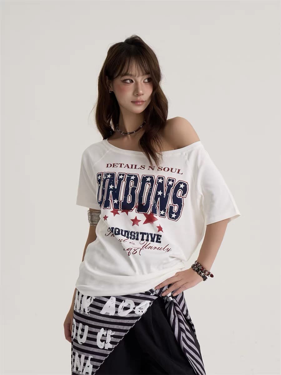 220 그램 92 면 8 암모니아 Lun 아메리칸 핫걸 비스듬한 어깨 알파벳 프린트 반팔 티셔츠 여성 상세 이미지 5