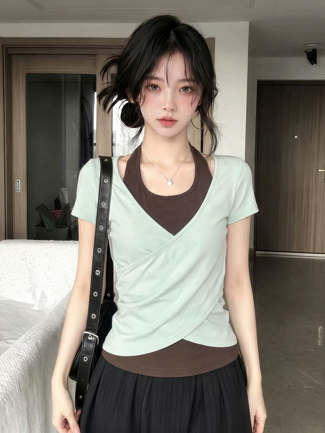 210 그램 좋은 면 한 부서 페이크 레이어드 행침 목 반팔 티셔츠 여성 여름 디자인 센스 십자가 비틀림 몸매 가꾸기 작은 맨위