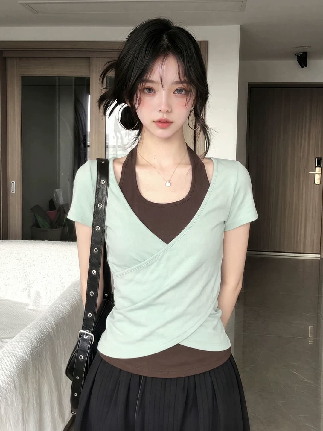 210 그램 좋은 면 한 부서 페이크 레이어드 행침 목 반팔 티셔츠 여성 여름 디자인 센스 십자가 비틀림 몸매 가꾸기 작은 맨위 이미지 2