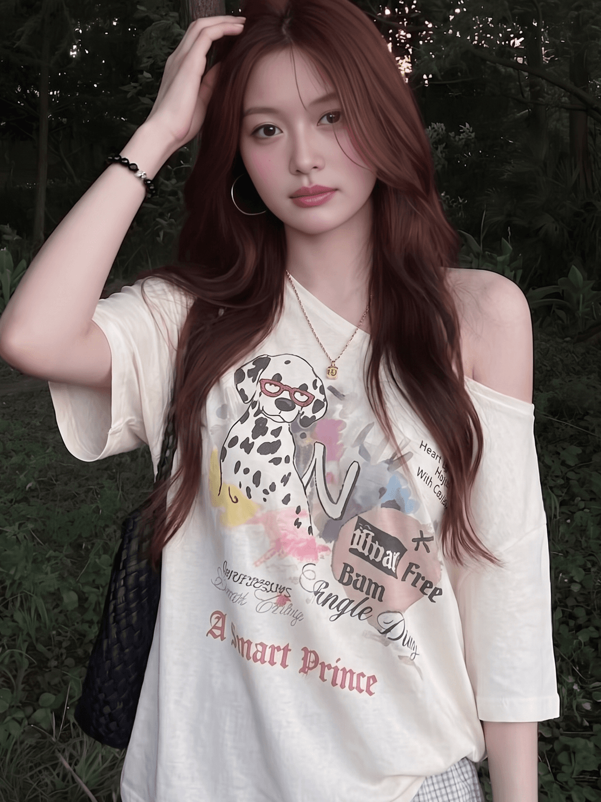 라이 경기 서울 한 부서 강아지 프린트 비스듬한 어깨 반팔 티셔츠 여성 여름 루즈핏 느긋한 바람 핫걸 오프숄더 작은 맨위 이미지 3
