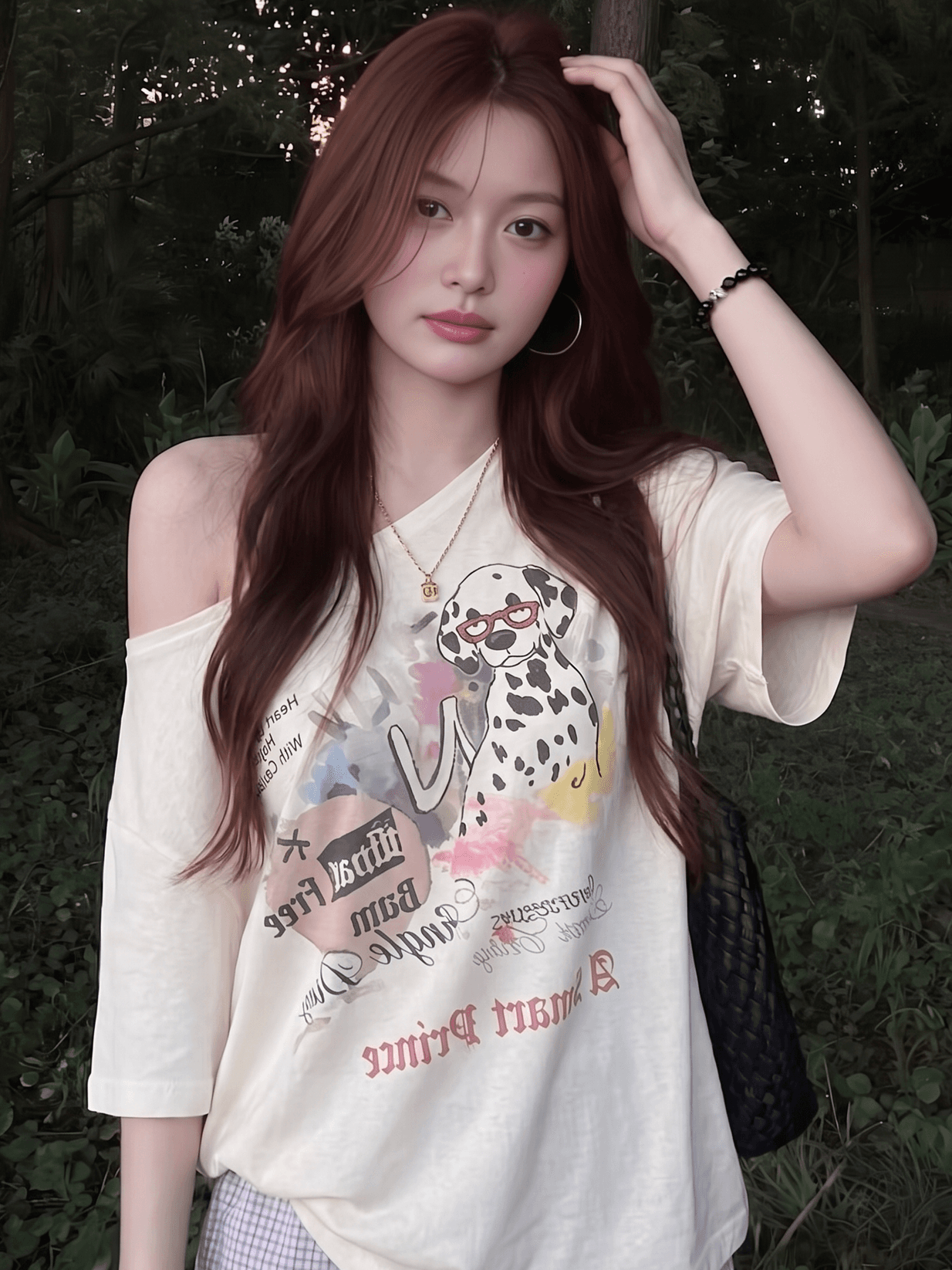 라이 경기 서울 한 부서 강아지 프린트 비스듬한 어깨 반팔 티셔츠 여성 여름 루즈핏 느긋한 바람 핫걸 오프숄더 작은 맨위 상세 이미지 5