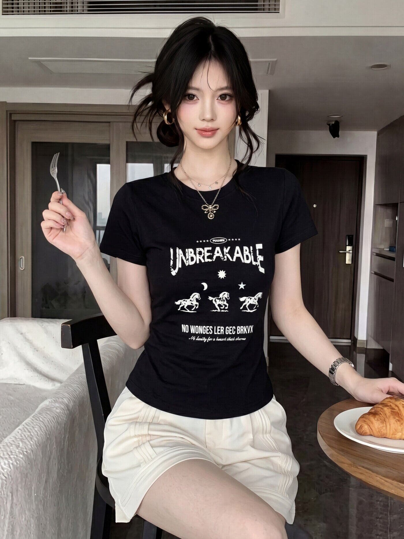 눈꽃 아마 아메리칸 복잡한 캐주얼 바람 고대 프린트 라운드 넥 반팔 티셔츠 여성 여름 몸매 가꾸기 슬림해 보이는 캐주얼 맨위 이미지 2
