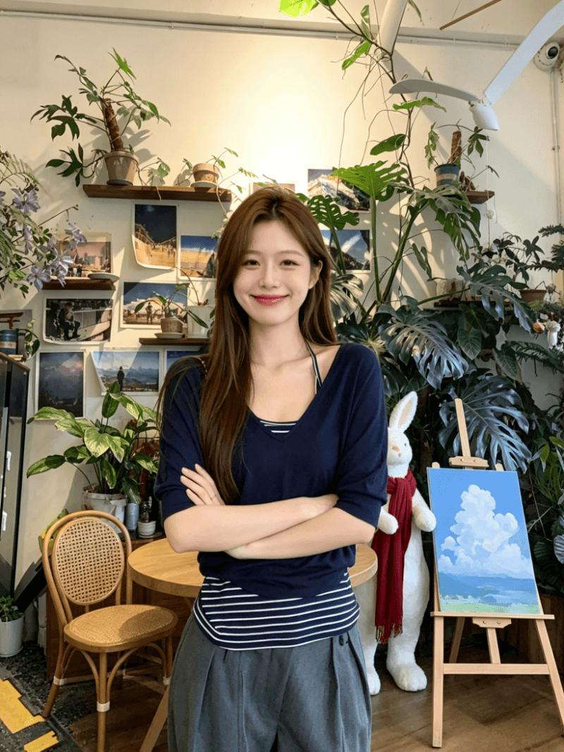 원본 사람들 면 260 그램 V넥 반팔 티셔츠 세트 여성 여름 스트라이프 슬립 루즈핏 블라우스 맨위 상세 이미지 3