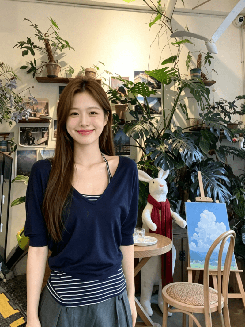 원본 사람들 면 260 그램 V넥 반팔 티셔츠 세트 여성 여름 스트라이프 슬립 루즈핏 블라우스 맨위 상세 이미지 5