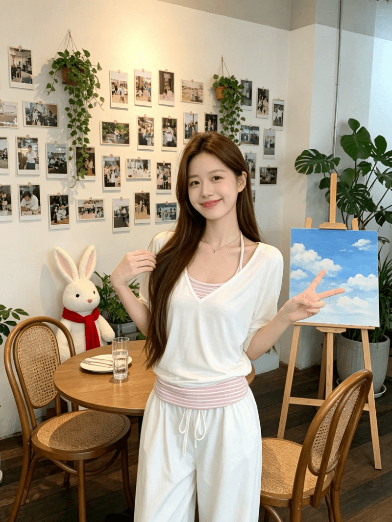 원본 사람들 면 260 그램 V넥 반팔 티셔츠 세트 여성 여름 스트라이프 슬립 루즈핏 블라우스 맨위 상세 이미지 10