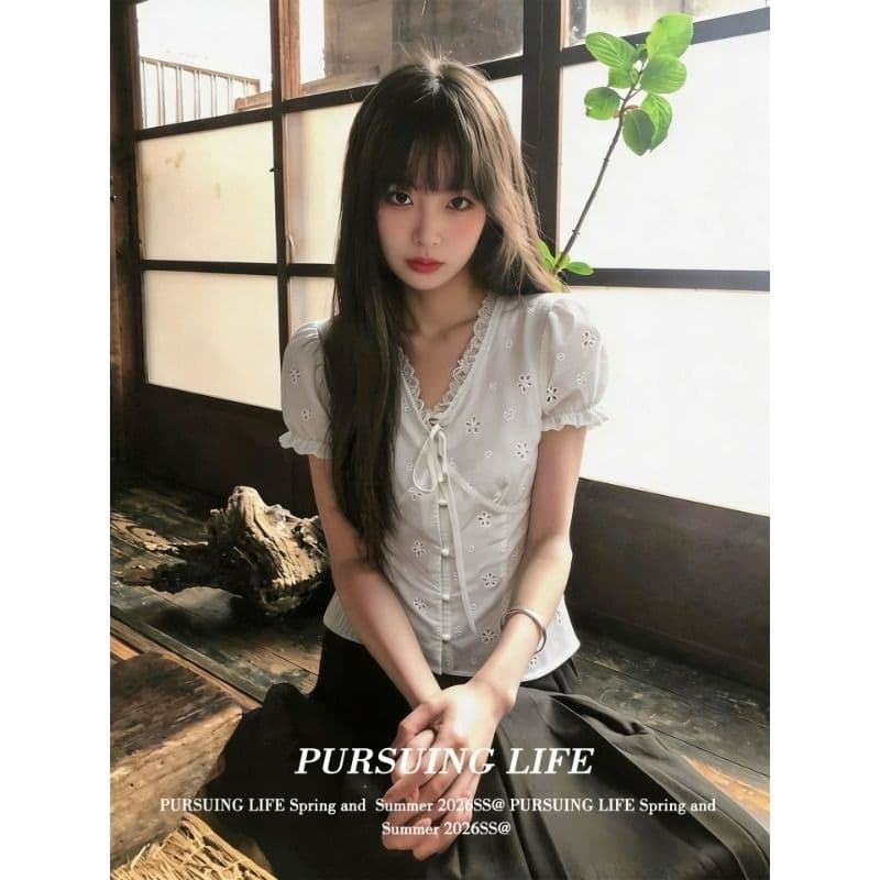 원본 원단 있음 네리 한 부서 V넥 레이스 반팔 여성 셔츠 여름 거품 소매 셔츠 맨위 이미지 5