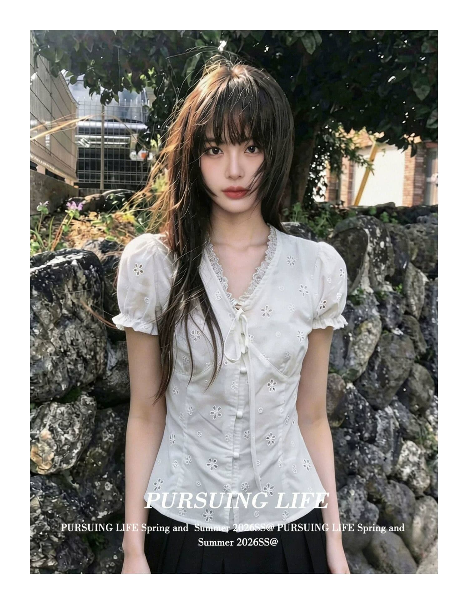 원본 원단 있음 네리 한 부서 V넥 레이스 반팔 여성 셔츠 여름 거품 소매 셔츠 맨위 상세 이미지 2