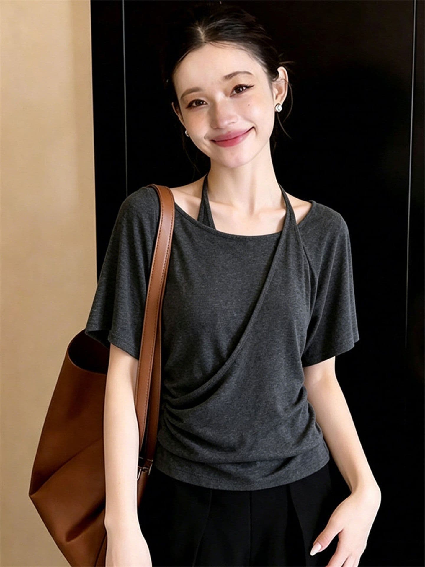 컬러 코튼 당겨 프레임 레트로 페이크 레이어드 행침 목 반팔 티셔츠 여성 여름 디자인 센스 수리 느긋한 바람 맨위 상세 이미지 2
