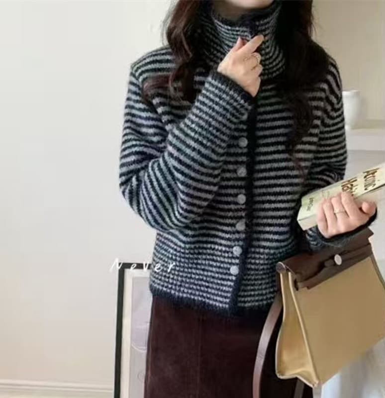 부드러운 찹쌀 레트로 스트라이프 배색 폴로 칼라 니트 오픈 가디건 여성 가을 겨울 새로운 한 부서 착용 가져 가라. 루즈핏 스웨터 코트 트렌디