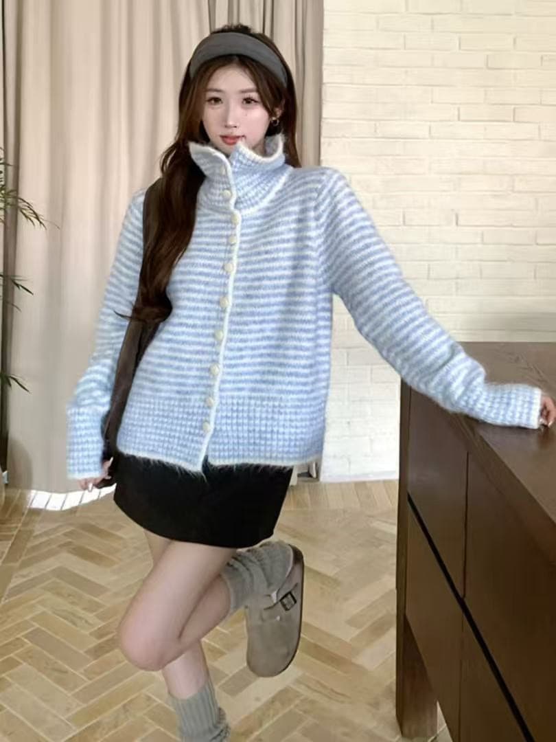 부드러운 찹쌀 레트로 스트라이프 배색 폴로 칼라 니트 오픈 가디건 여성 가을 겨울 새로운 한 부서 착용 가져 가라. 루즈핏 스웨터 코트 트렌디 상세 이미지 3