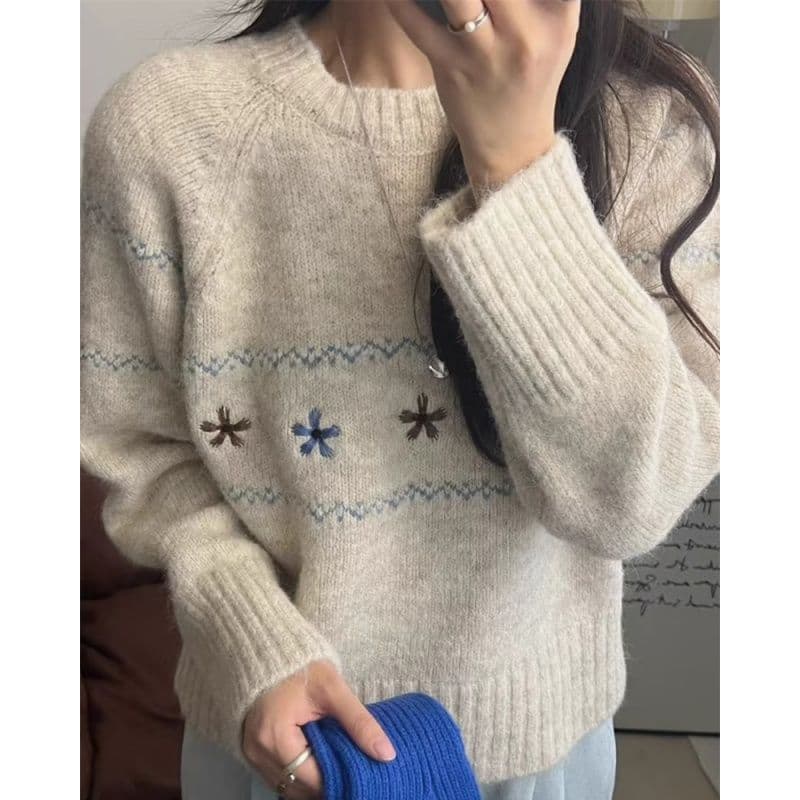 문예 레트로 꽃 자수 라운드 넥 풀오버 스웨터 여자 가을 겨울 새로운 한 부서 루즈핏 느긋한 바람 니트 맨위 상세 이미지 16
