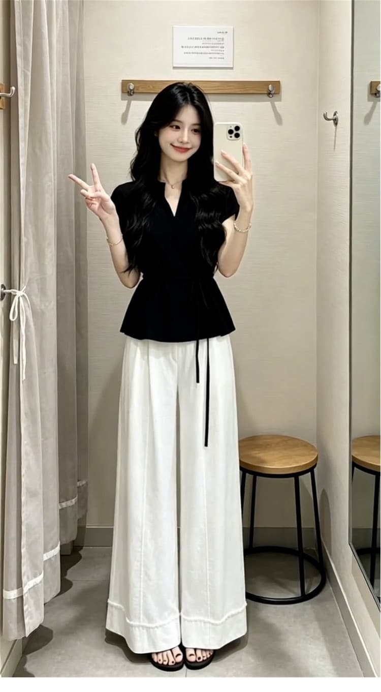 한 부서 그레이트 통해보기 가져 가라. 전체 집합 2026 새로운 검정색 반팔 티셔츠 여성 여름 와이드 레그 팬츠 투피스 슈트 상세 이미지 5