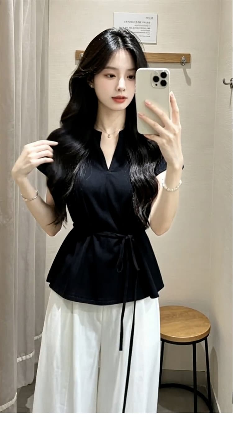 한 부서 그레이트 통해보기 가져 가라. 전체 집합 2026 새로운 검정색 반팔 티셔츠 여성 여름 와이드 레그 팬츠 투피스 슈트 상세 이미지 6