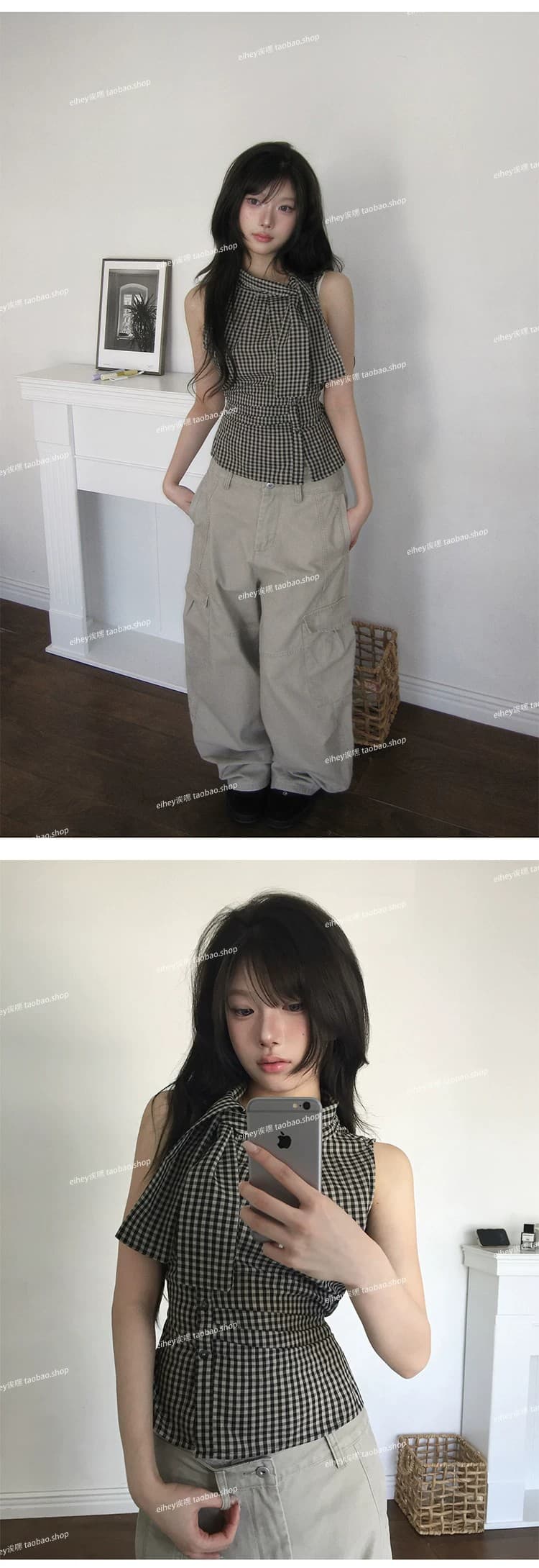 eihey 어 이봐 한 부서 레트로 체크무늬 나비 넥타이 허리 수축 주름 디자인 센스 슬림해 보이는 민소매 조끼 품격 맨위 상세 이미지 5