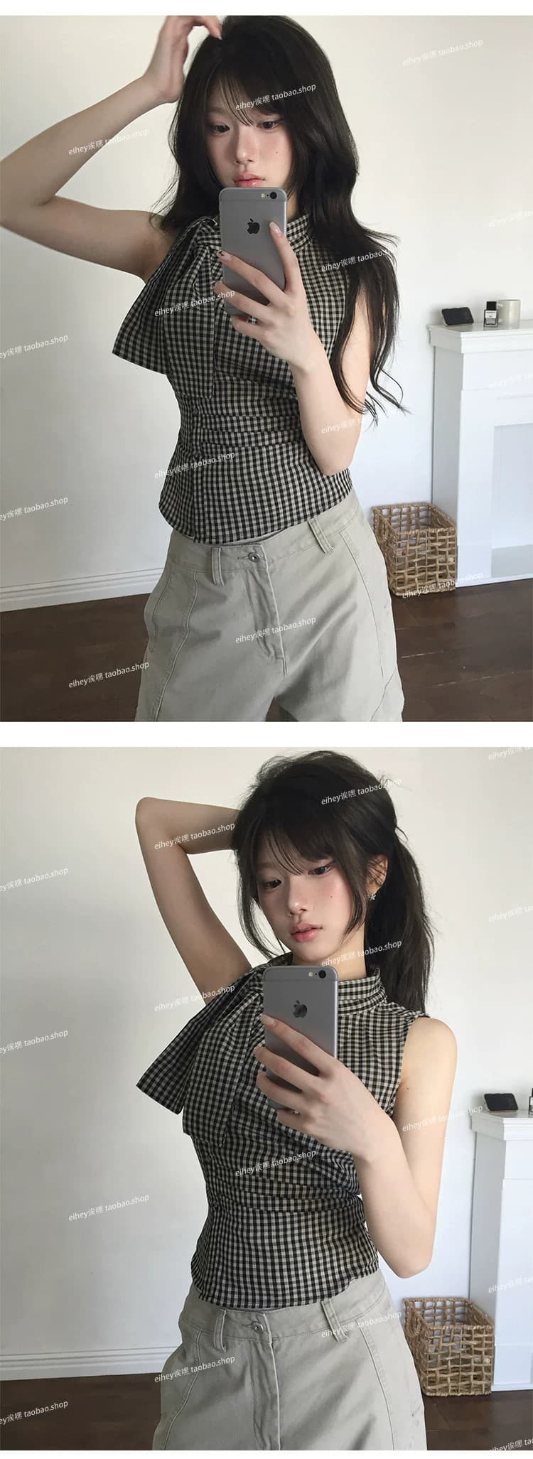 eihey 어 이봐 한 부서 레트로 체크무늬 나비 넥타이 허리 수축 주름 디자인 센스 슬림해 보이는 민소매 조끼 품격 맨위 상세 이미지 6