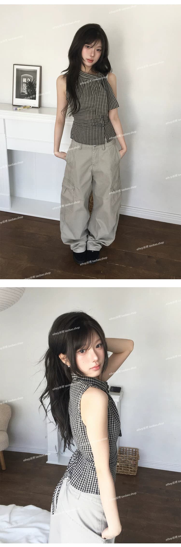 eihey 어 이봐 한 부서 레트로 체크무늬 나비 넥타이 허리 수축 주름 디자인 센스 슬림해 보이는 민소매 조끼 품격 맨위 상세 이미지 7