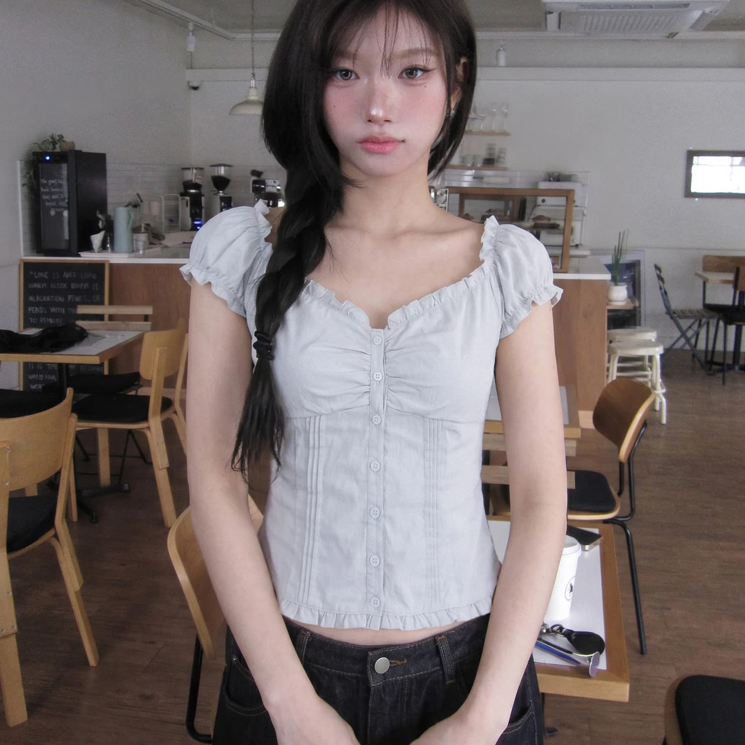 프랑스식 프릴 광장 칼라 거품 소매 셔츠 반팔 티셔츠 여성 여름 품격 작은 셔츠 몸매 가꾸기 쇼트 스타일 허리 수축 맨위 이미지 4