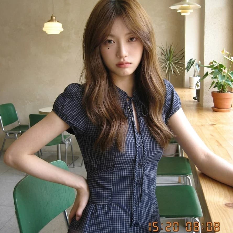 unifitop 레트로 체크무늬 나비 넥타이 홀로우 아웃 허리 수축 여성 셔츠 여름 한 부서 몸매 가꾸기 슬림해 보이는 맨위 상세 이미지 5