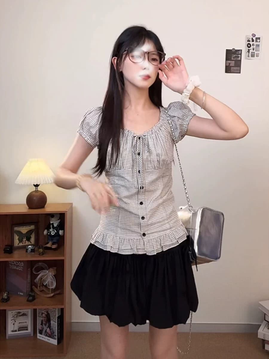 일본식 달콤함 체크무늬 광장 칼라 작은 셔츠 여성 여름 티셔츠 몸매 가꾸기 슬림해 보이는 작은 키 오프숄더 쇼트 스타일 순면 맨위 상세 이미지 3