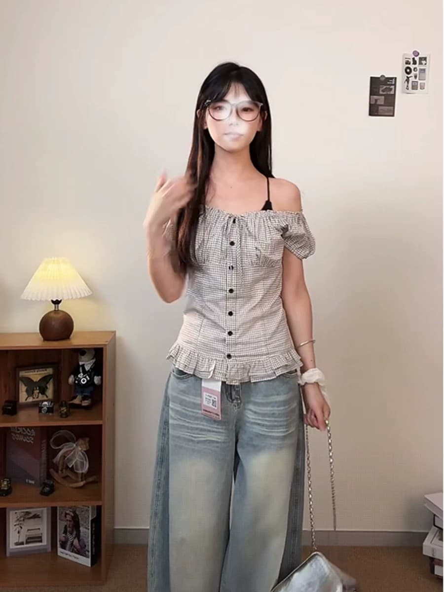 일본식 달콤함 체크무늬 광장 칼라 작은 셔츠 여성 여름 티셔츠 몸매 가꾸기 슬림해 보이는 작은 키 오프숄더 쇼트 스타일 순면 맨위 상세 이미지 4