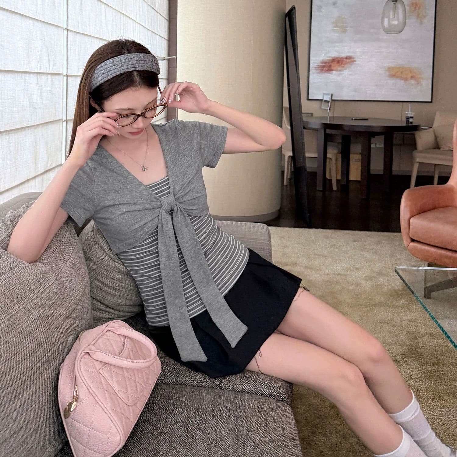 40 순면 한 부서 디자인 센스 여름 새로운 나비 매듭 페이크 레이어드 스트라이프 패치워크 반팔 티셔츠 맨위 여성 이미지 4