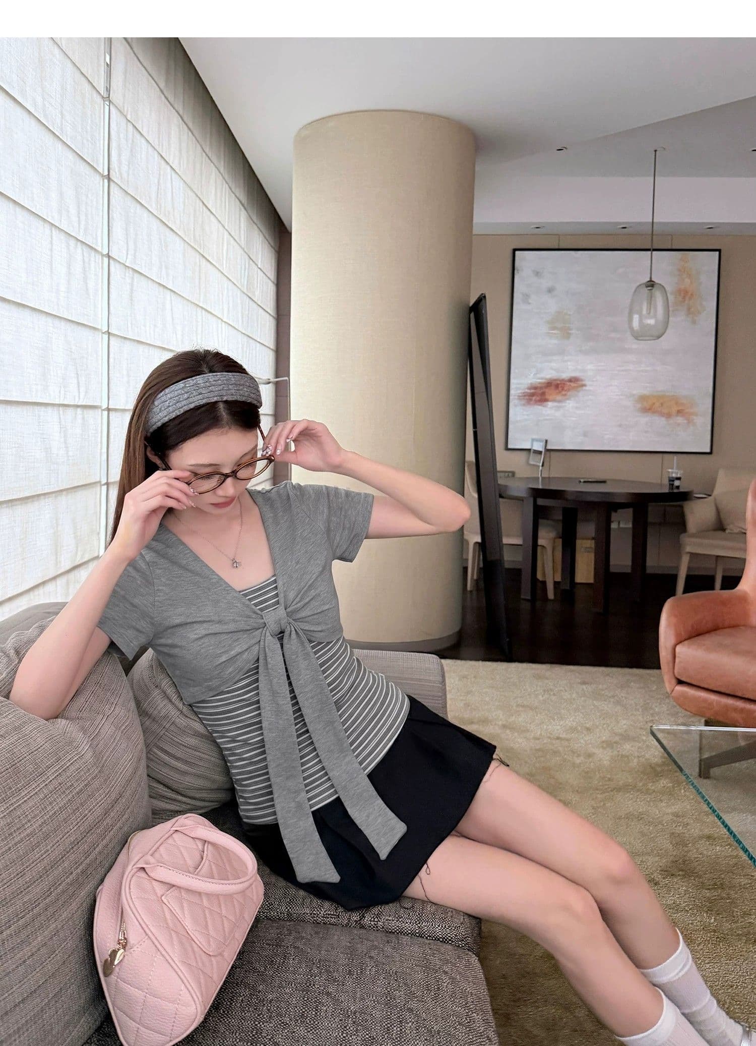 40 순면 한 부서 디자인 센스 여름 새로운 나비 매듭 페이크 레이어드 스트라이프 패치워크 반팔 티셔츠 맨위 여성 상세 이미지 2