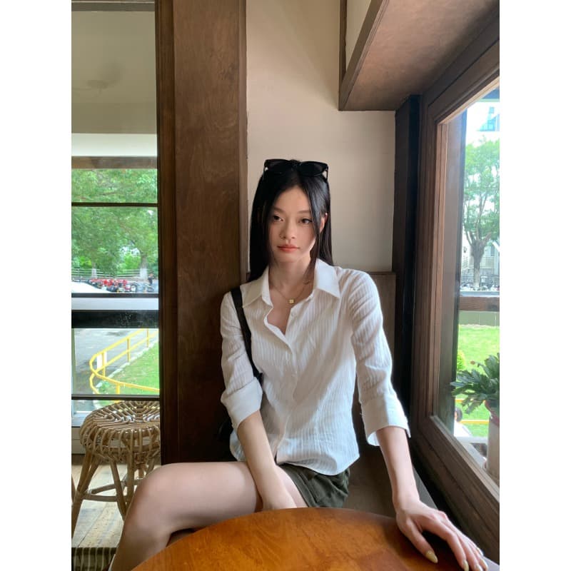 원본 자카드 원단 화이트 중간 소매 허리 수축 셔츠 여름 높음 지혜 센스 몸매 가꾸기 순수한 욕망 바람 작은 맨위 이미지 4