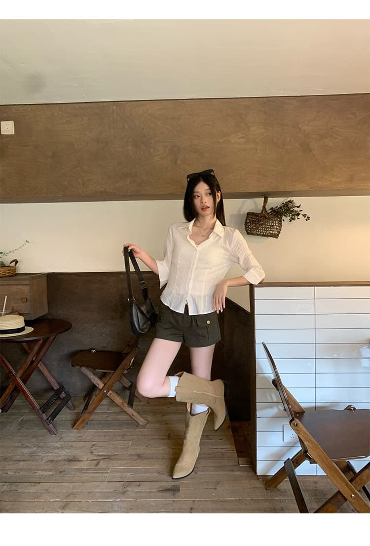 원본 자카드 원단 화이트 중간 소매 허리 수축 셔츠 여름 높음 지혜 센스 몸매 가꾸기 순수한 욕망 바람 작은 맨위 상세 이미지 13
