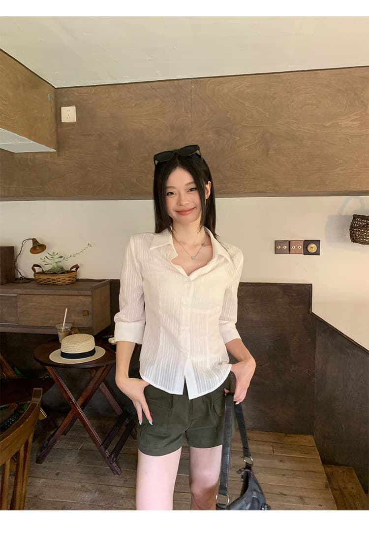 원본 자카드 원단 화이트 중간 소매 허리 수축 셔츠 여름 높음 지혜 센스 몸매 가꾸기 순수한 욕망 바람 작은 맨위 상세 이미지 18
