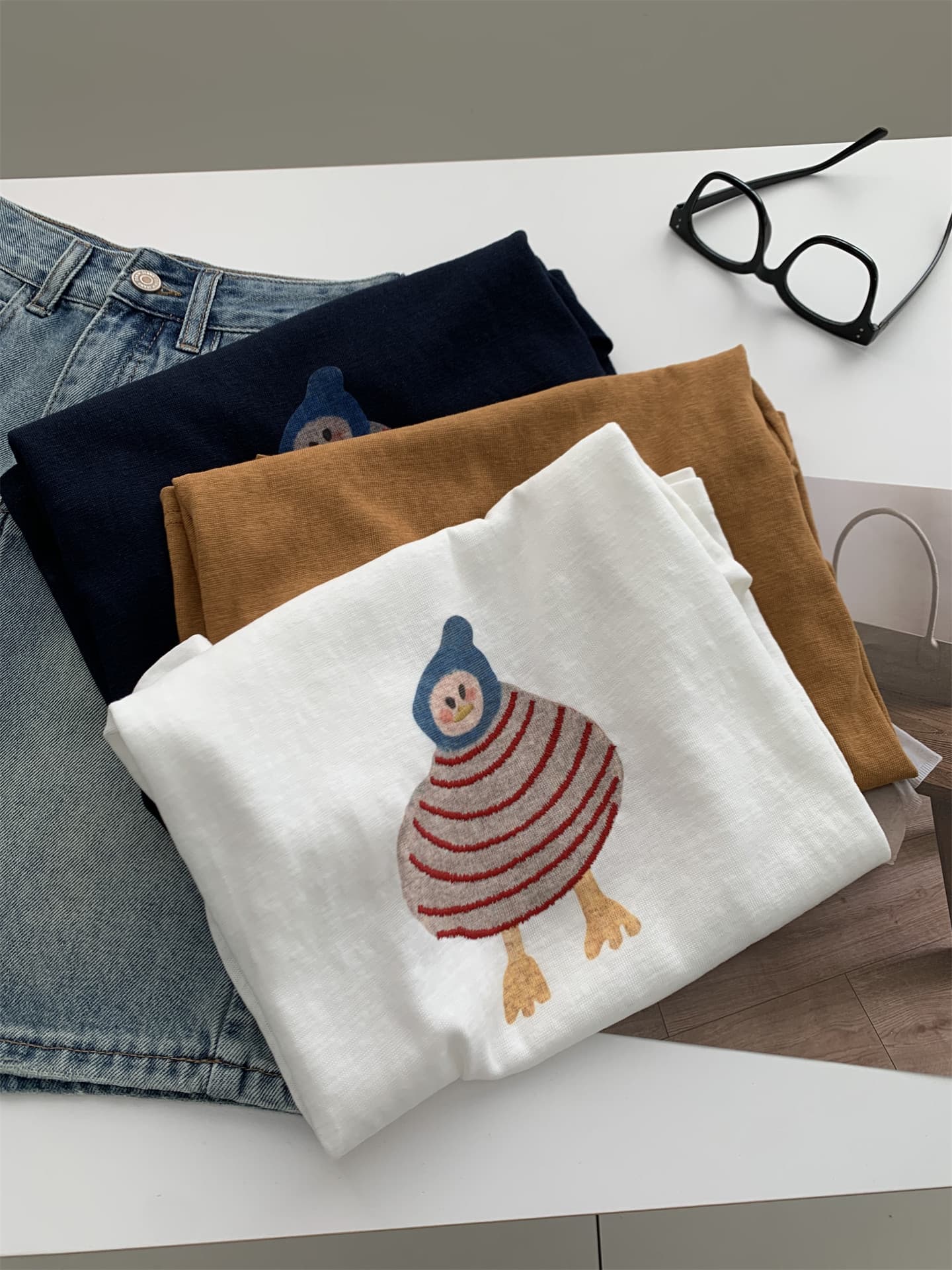 정가 프린트 눈꽃 면 특별 빅 사이즈 200 kg 세련된 작은 대중 만화 라운드 넥 반팔 상세 이미지 15