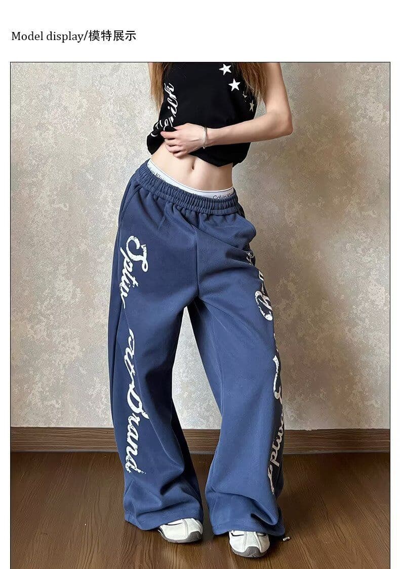 순수한 Mianhua 면 측면 알파벳 프린트 웨이 바지 트렌드 문예 하라주쿠 일본식 품격 느긋한 인기 다용도 상세 이미지 6